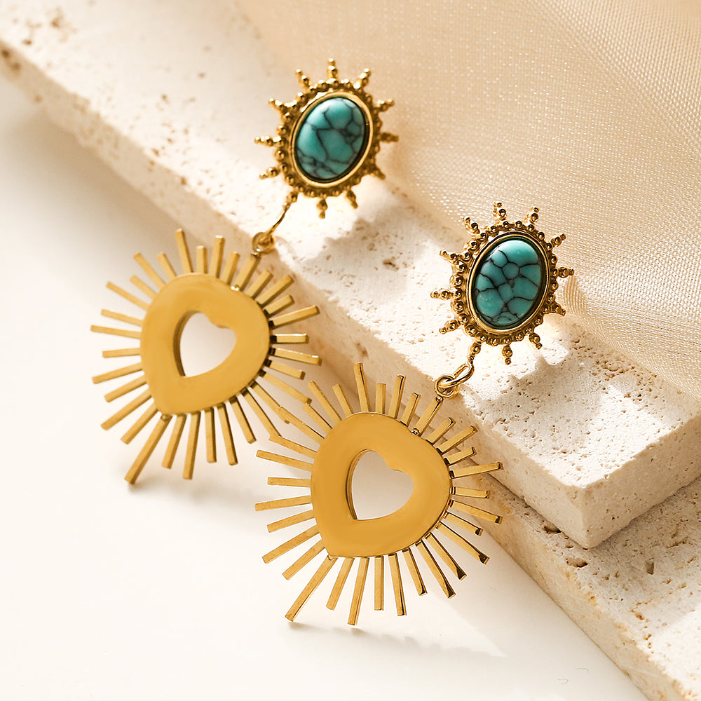 Lady Streetwear Sun Heart Shape Plating Inlay Titanium Steel Turquoise 18k Gold Plated Drop Earrings