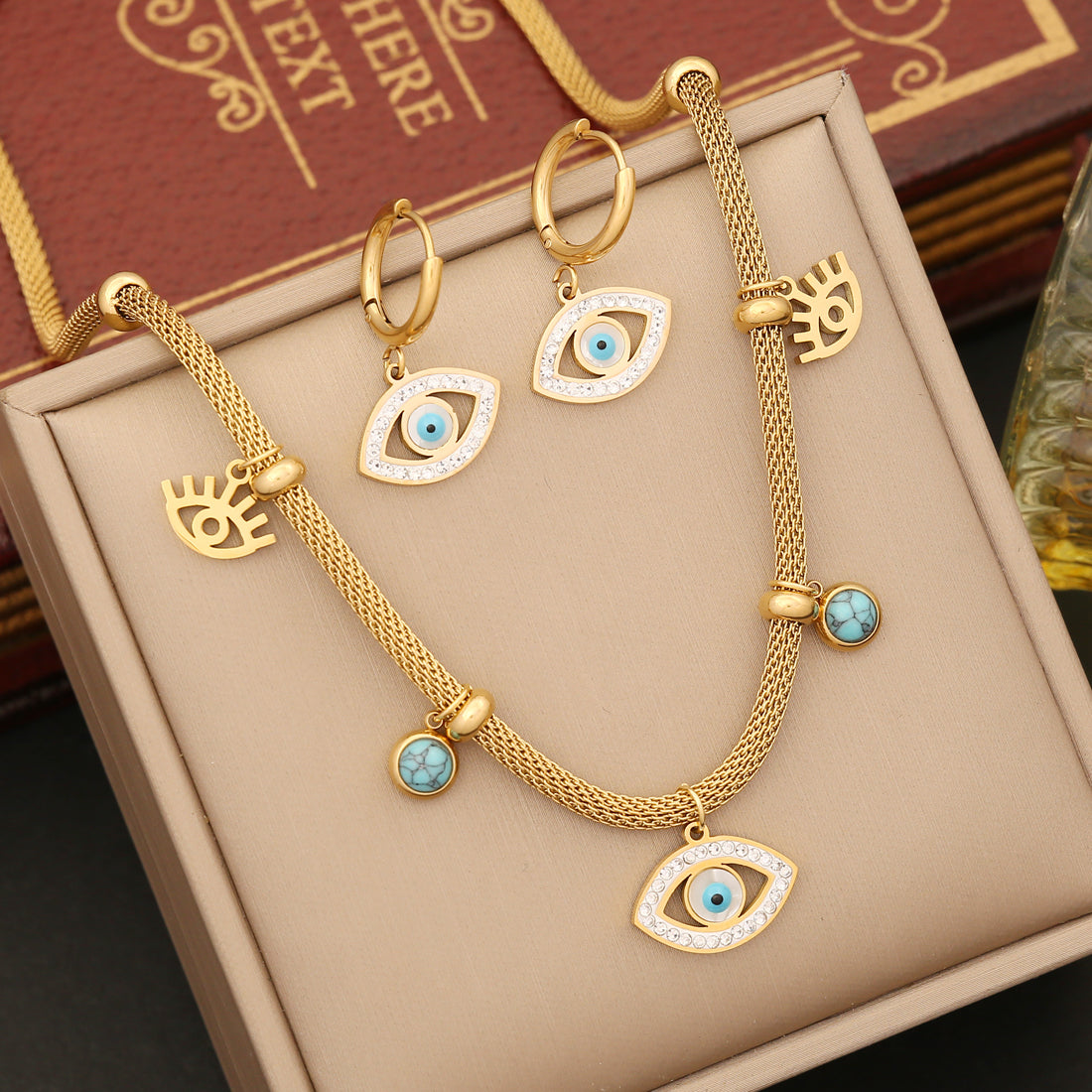 Retro Bohemian Evil Eye Stainless Steel Plating Inlay Artificial Diamond Turquoise Necklace