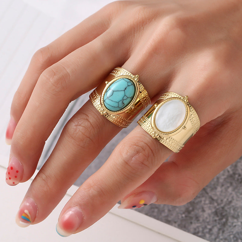 Retro Oval Stainless Steel Turquoise Wide Band Ring, pack of 2 rings