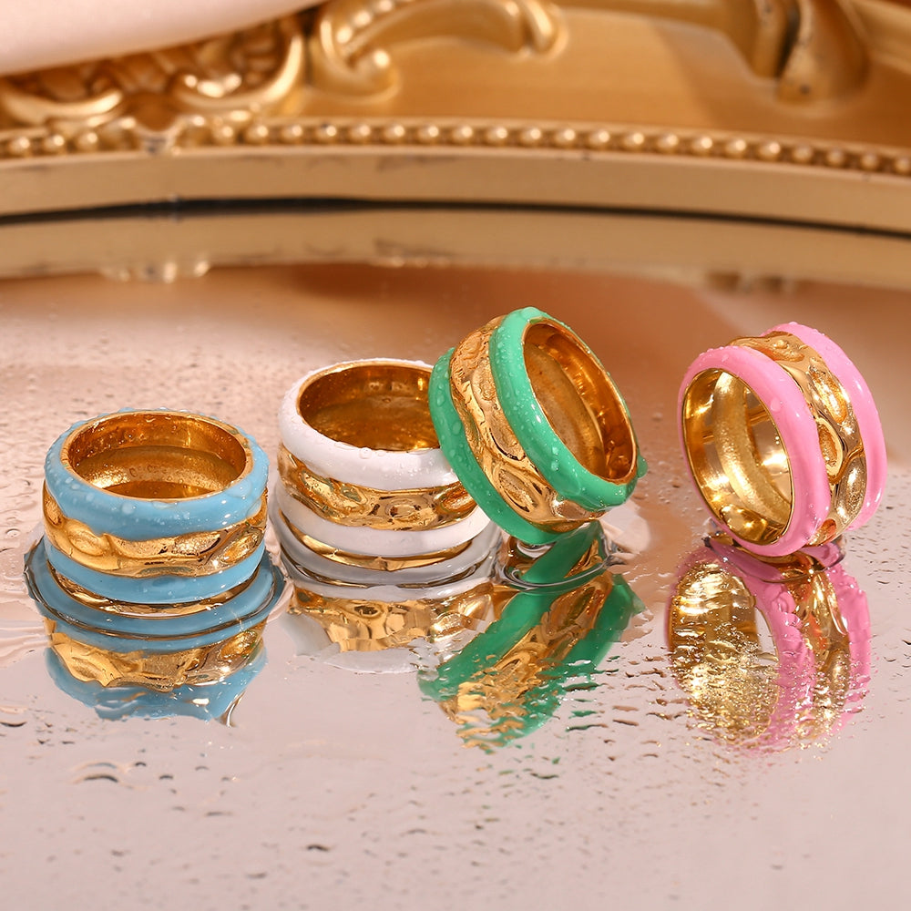 Vintage Style Classic Style Stripe Stainless Steel Enamel Plating 18k Gold Plated Wide Band Rings