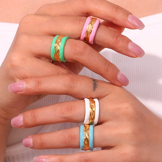 Vintage Style Classic Style Stripe Stainless Steel Enamel Plating 18k Gold Plated Wide Band Rings