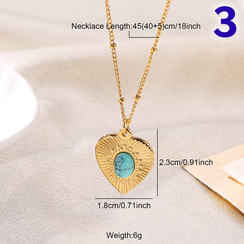 Casual Elegant Heart Shape Flower Shell Stainless Steel Turquoise 18K Gold Plated Plating Inlay Pendant Necklace