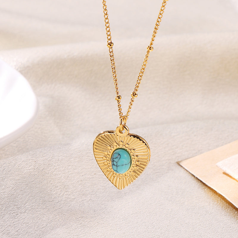 Casual Elegant Heart Shape Flower Shell Stainless Steel Turquoise 18K Gold Plated Plating Inlay Pendant Necklace