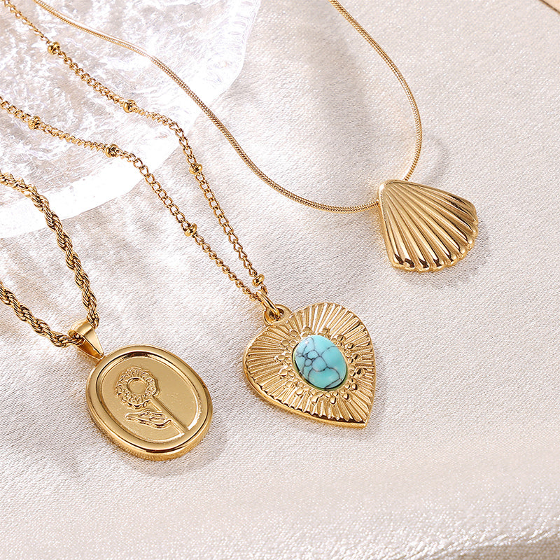 Casual Elegant Heart Shape Flower Shell Stainless Steel Turquoise 18K Gold Plated Plating Inlay Pendant Necklace