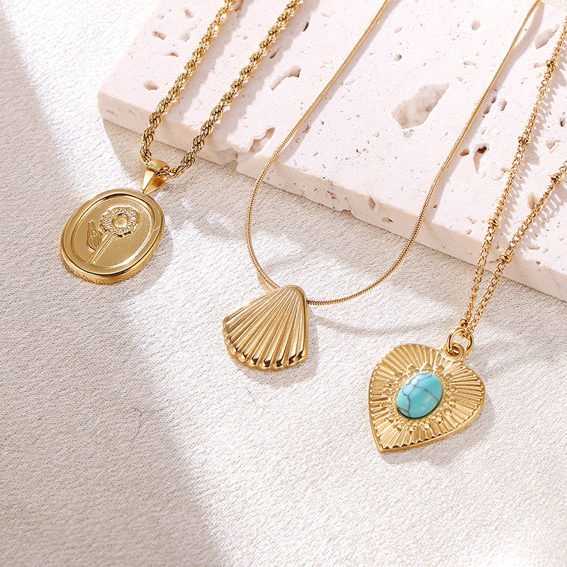 Casual Elegant Heart Shape Flower Shell Stainless Steel Turquoise 18K Gold Plated Plating Inlay Pendant Necklace