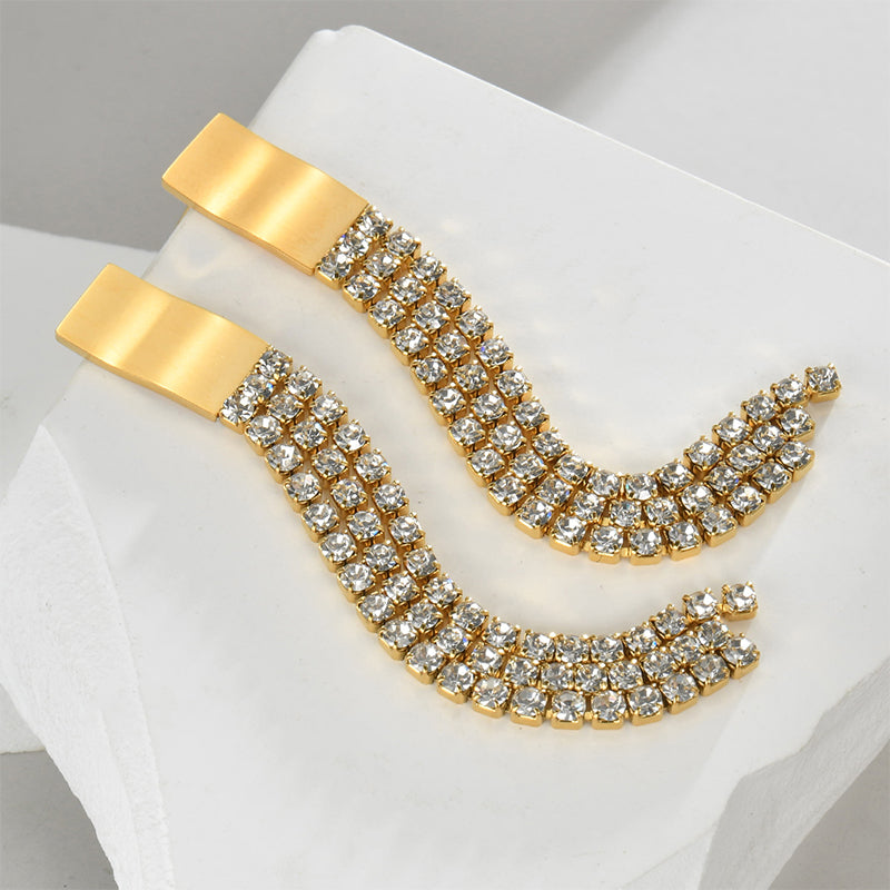 Tassel Plating Inlay Stainless Steel Zircon 18K Gold Plated Drop Earrings