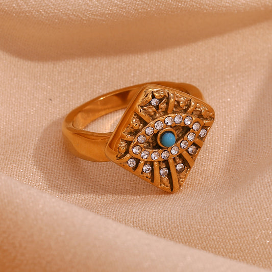 Eye Rhombus Stainless Steel Plating Inlay Turquoise Rhinestones 18K Gold Plated Ring