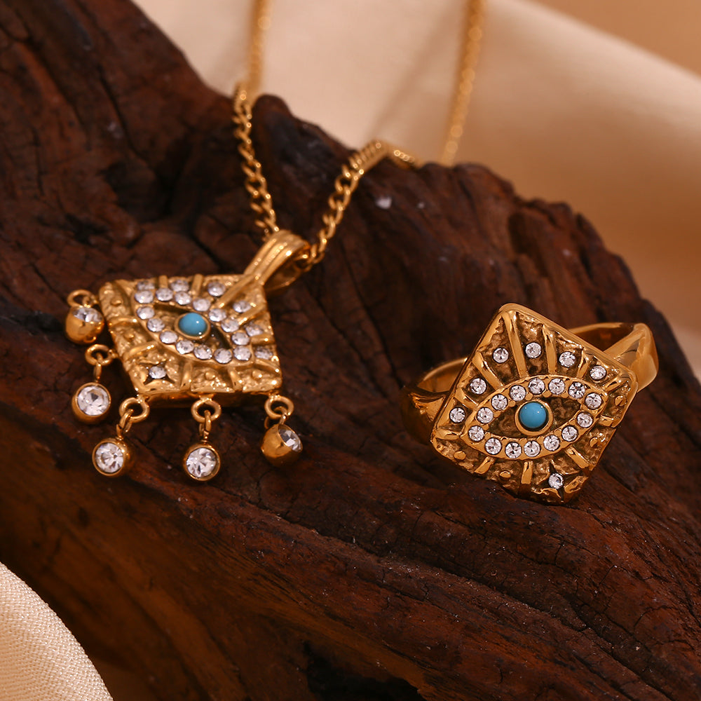 Eye Rhombus Stainless Steel Plating Inlay Turquoise Rhinestones 18K Gold Plated Necklace