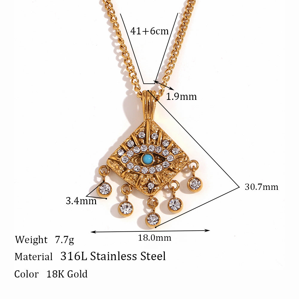 Eye Rhombus Stainless Steel Plating Inlay Turquoise Rhinestones 18K Gold Plated Necklace
