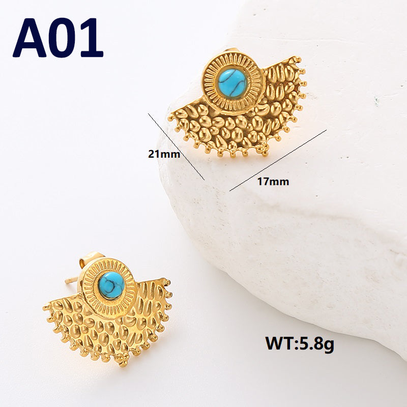Commute Solid Color Plating Inlay Stainless Steel Turquoise 24k Gold Plated Earrings Ear Studs