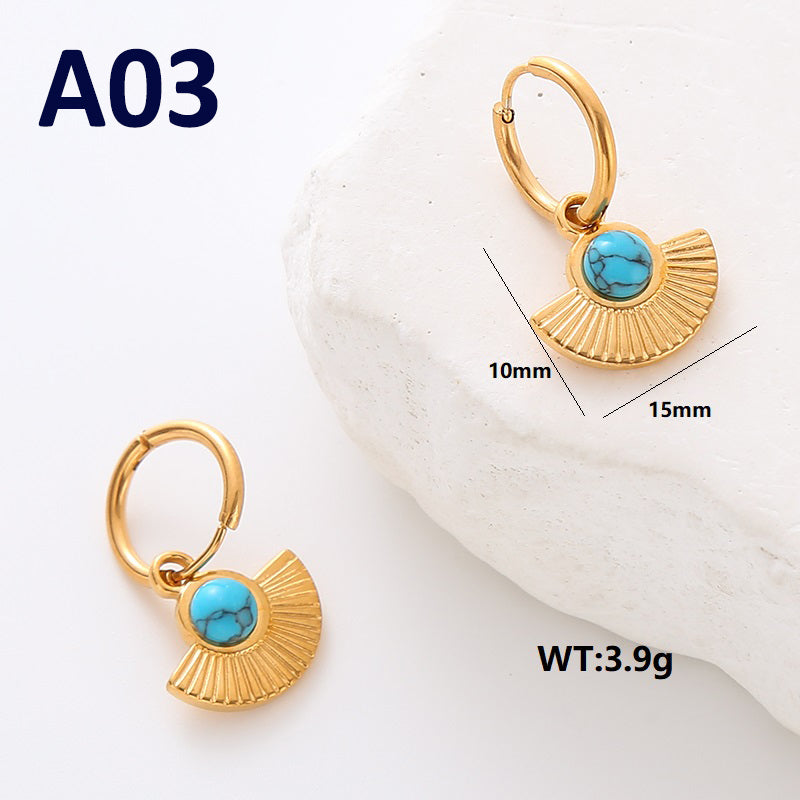 Commute Solid Color Plating Inlay Stainless Steel Turquoise 24k Gold Plated Earrings Ear Studs