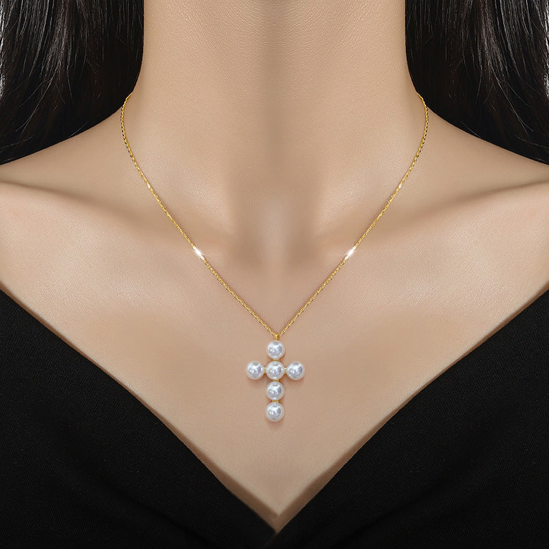 Modern Style Cross Titanium Steel Inlay Artificial Pearls Pendant Necklace