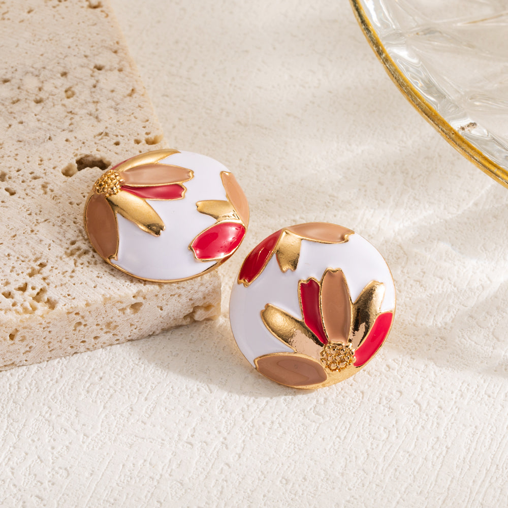 Elegant Luxurious Flower Enamel Plating Inlay Alloy Zircon Gold Plated Ear Studs