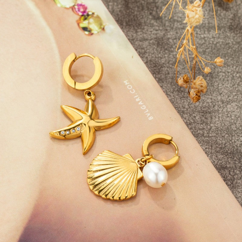 Casual Starfish Shell Plating Inlay Stainless Steel Zircon Gold Plated Earrings