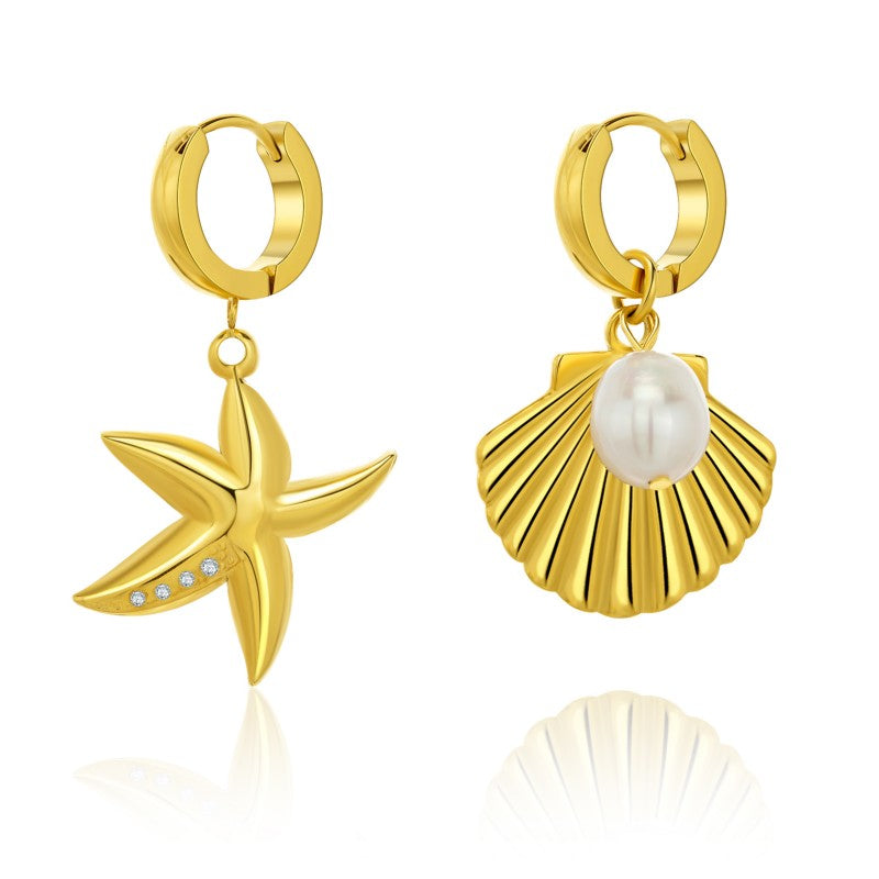 Casual Starfish Shell Plating Inlay Stainless Steel Zircon Gold Plated Earrings