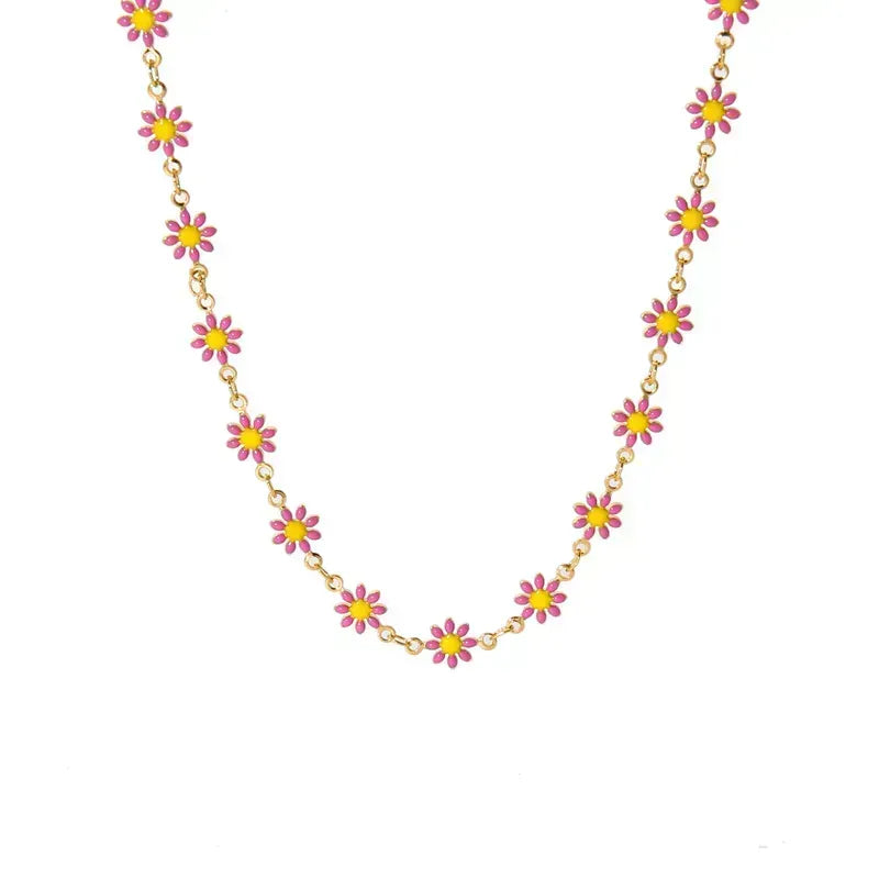Hawaiian Bohemian Chrysanthemum Stainless Steel Enamel Plating Necklace