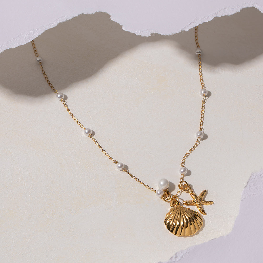 Casual Starfish Shell Stainless Steel Pearl Necklace