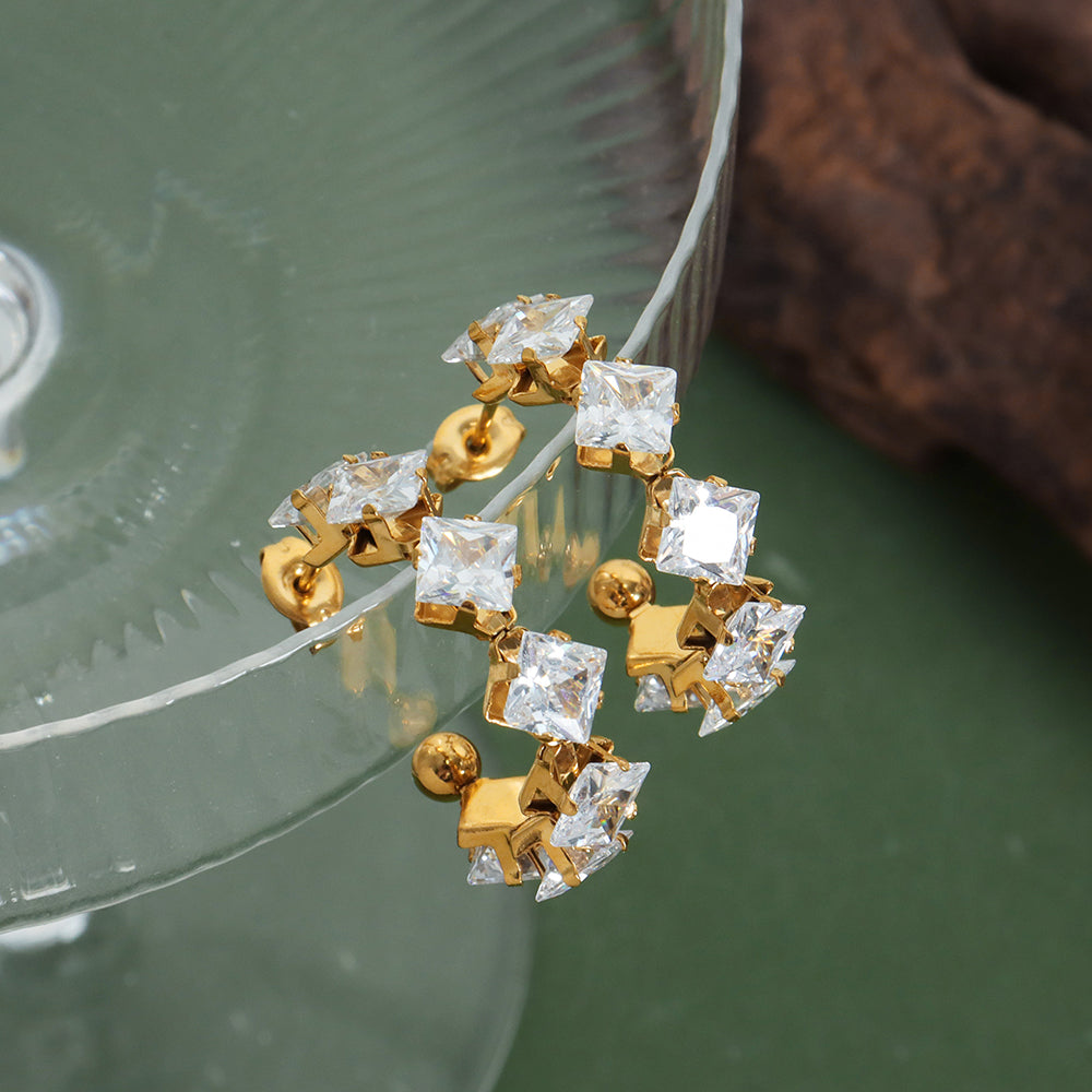 Luxurious Shiny C Shape Plating Inlay Titanium Steel Zircon 18k Gold Plated Earrings
