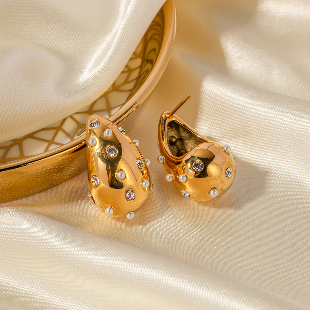 IG Style Casual Water Droplets Plating Inlay Stainless Steel Rhinestones Pearl 18K Gold Plated Ear Studs