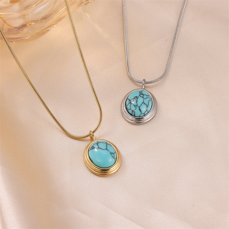 Commute Oval Stainless Steel 18k Gold Plated Turquoise Pendant Necklace In Bulk