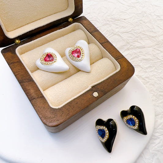 Sweet Heart Shape Enamel Inlay Copper Zircon Ear Studs