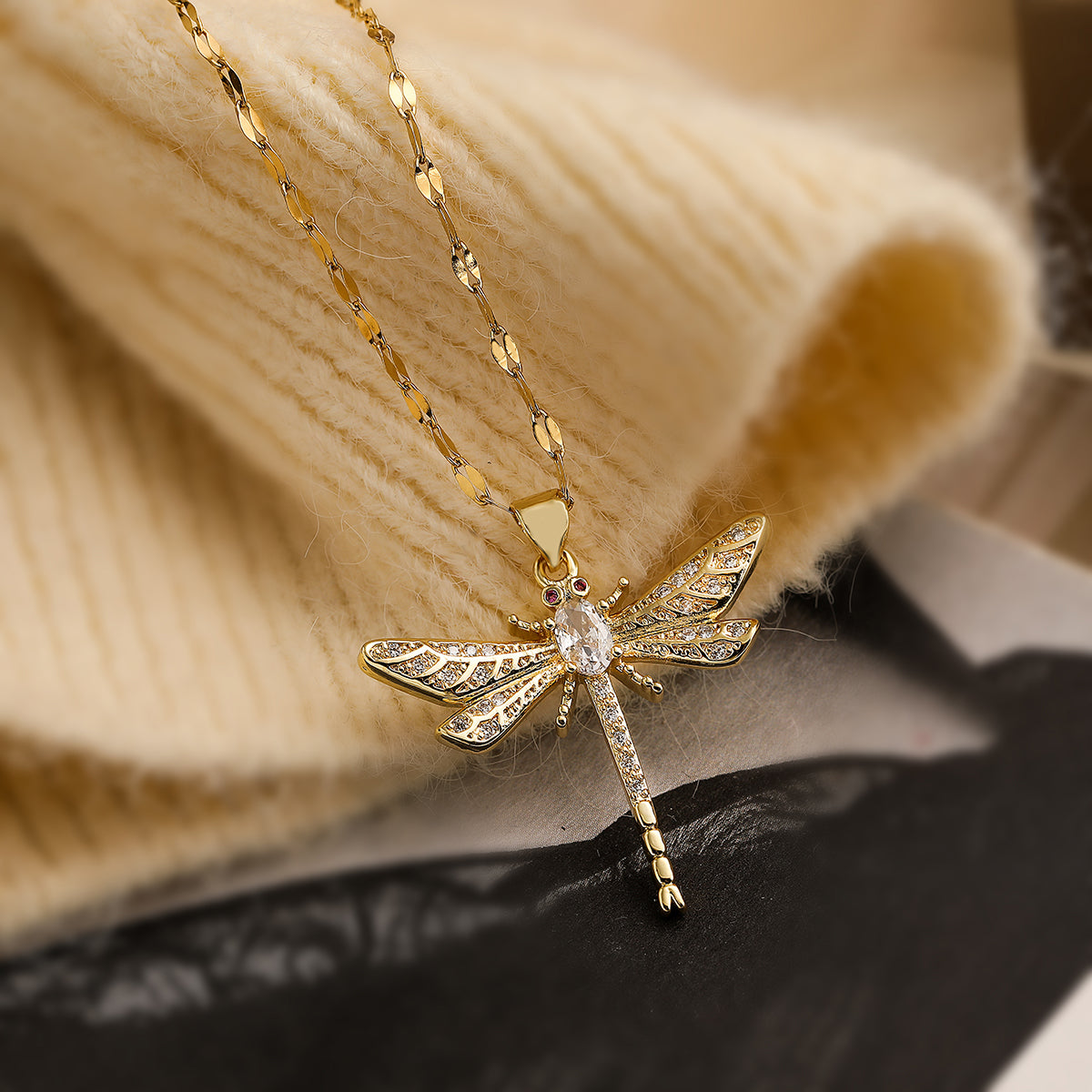 Dragonfly Copper Plating Inlay Zircon 18K Gold Plated Pendant Necklace