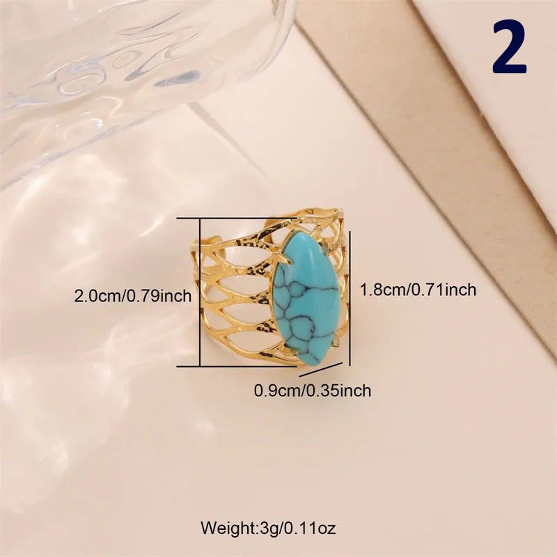 Vintage Style Bridal French Style Oval Stone Stainless Steel Plating Inlay Turquoise 18k Gold Plated Open Rings