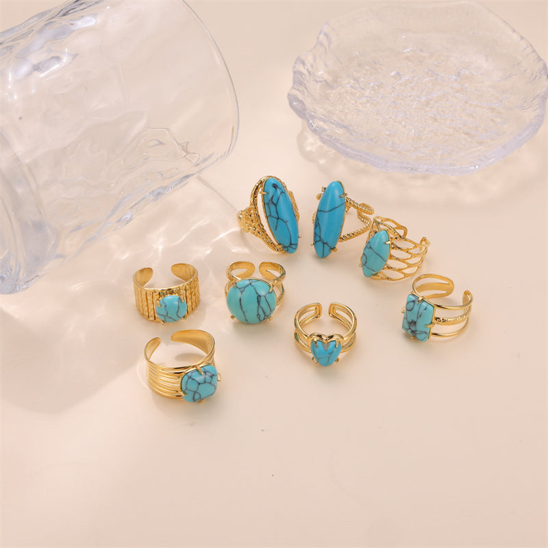 Vintage Style Bridal French Style Oval Stone Stainless Steel Plating Inlay Turquoise 18k Gold Plated Open Rings