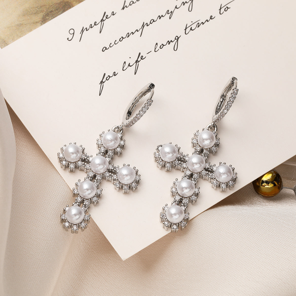 Cross Plating Inlay Copper Artificial Pearls Zircon 18K Gold Plated Drop Earrings