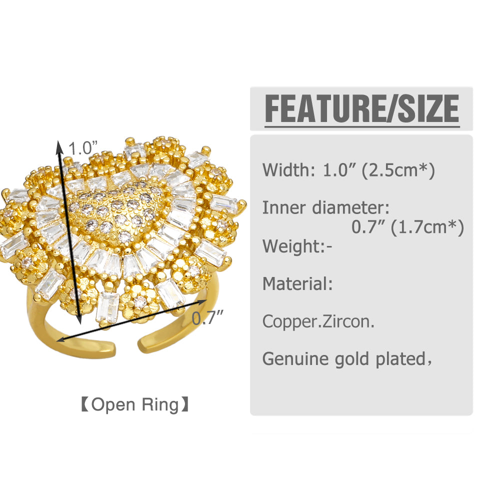Heart Shape Copper Plating Inlay Zircon 18K Gold Plated Open Rings