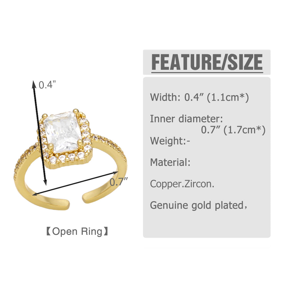 Basic Simple Style Rectangle Copper Plating Inlay Zircon 18K Gold Plated Open Ring
