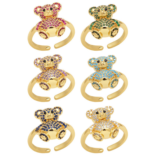Cute Bear Copper Plating Inlay Zircon 18K Gold Plated Open Rings