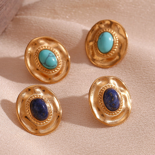 Vintage Style Oval Plating Inlay Stainless Steel Turquoise 18k Gold Plated Ear Studs