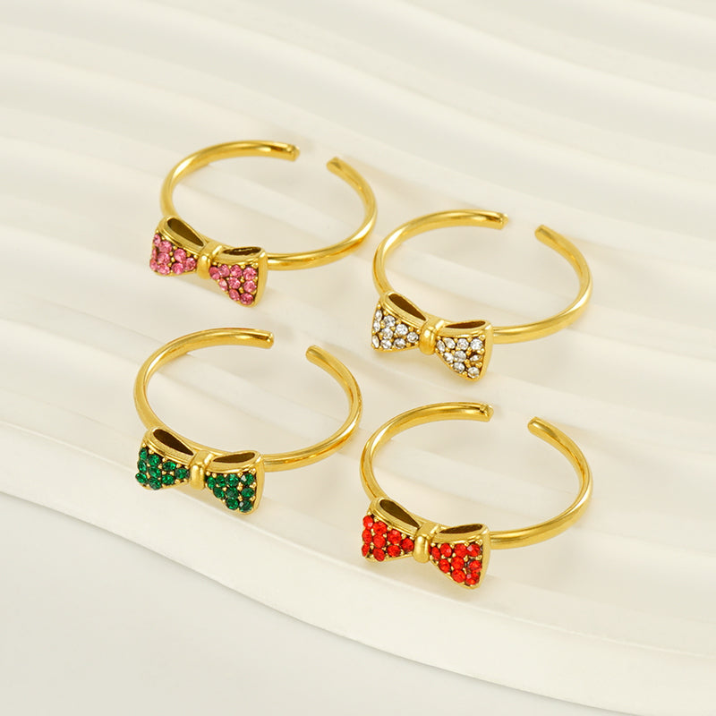 Retro Sweet Bow Knot Stainless Steel Plating Inlay Zircon 18k Gold Plated Open Rings