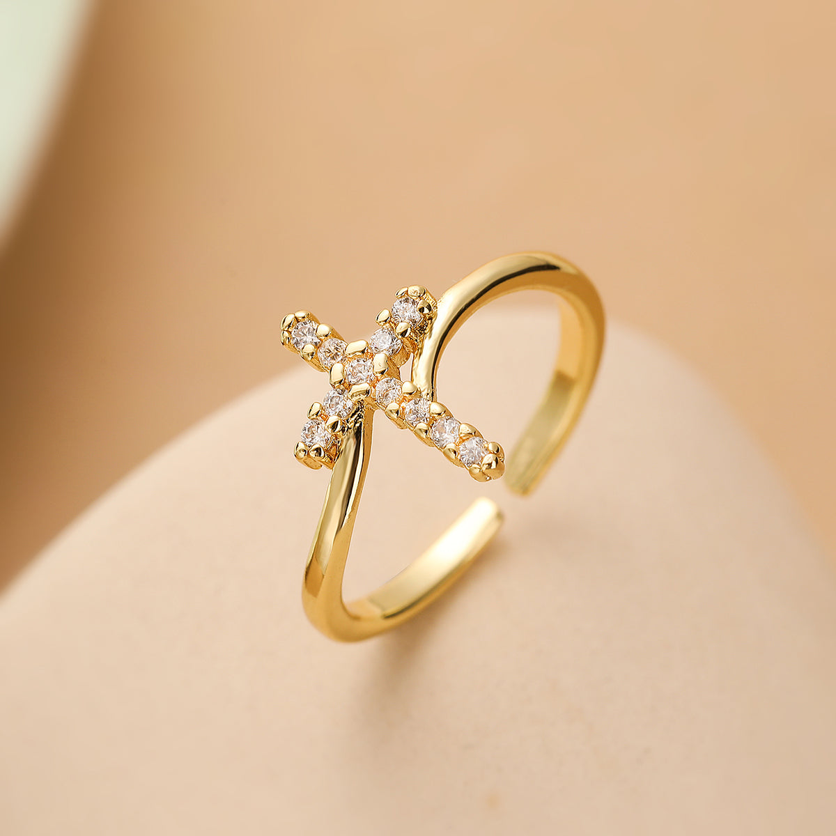 Cross Copper Plating Inlay Zircon 18K Gold Plated Open Rings