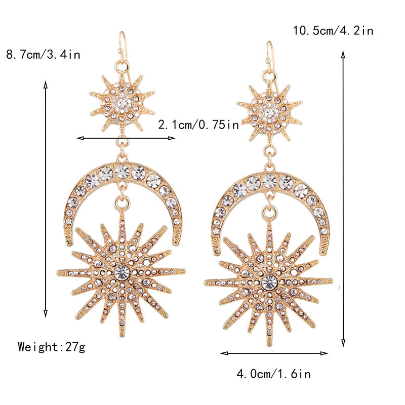 Lady Star Moon Metal Rhinestones Inlay Drop Earrings