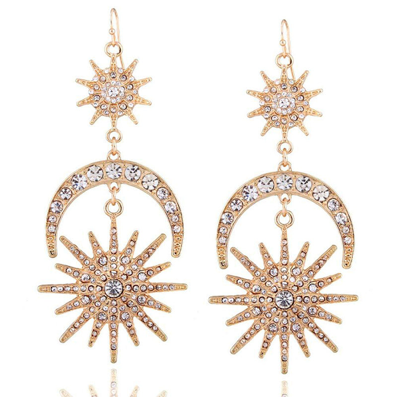 Lady Star Moon Metal Rhinestones Inlay Drop Earrings