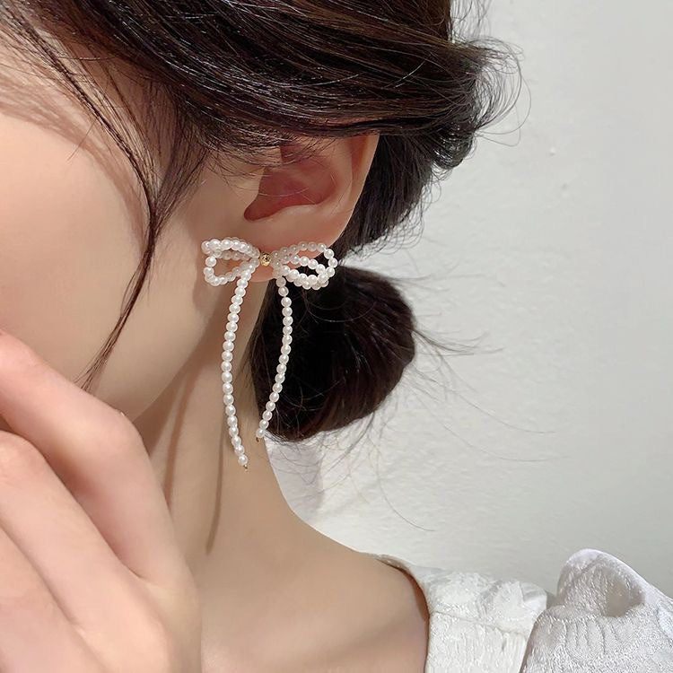 Elegant Bow Knot Alloy Beaded Drop Earrings