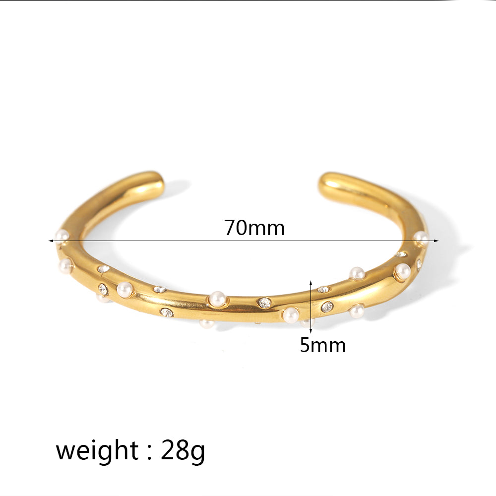 Stainless Steel Polishing Plating Inlay 18K Gold Plated Pearl Zircon Bangle