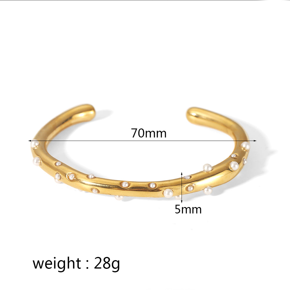 Stainless Steel Polishing Plating Inlay 18K Gold Plated Pearl Zircon Bangle