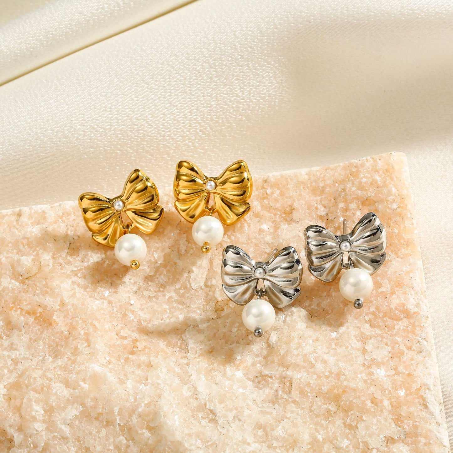 Sweet Bow Knot Plating Inlay Titanium Steel Pearl Earrings
