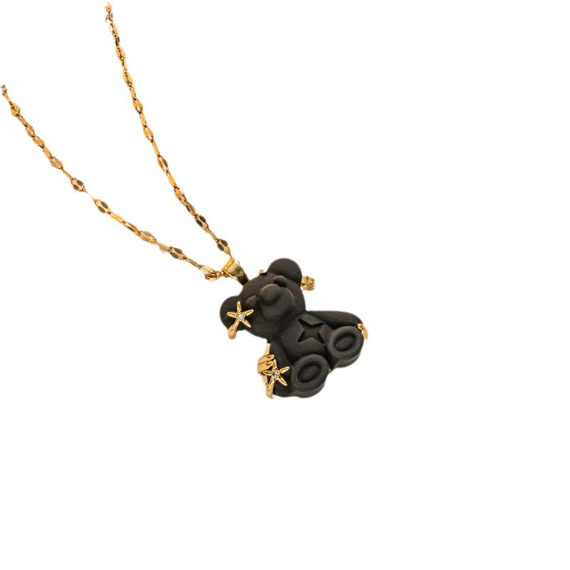 Cute Bear Titanium Steel Inlay Artificial Gemstones Pendant Necklace