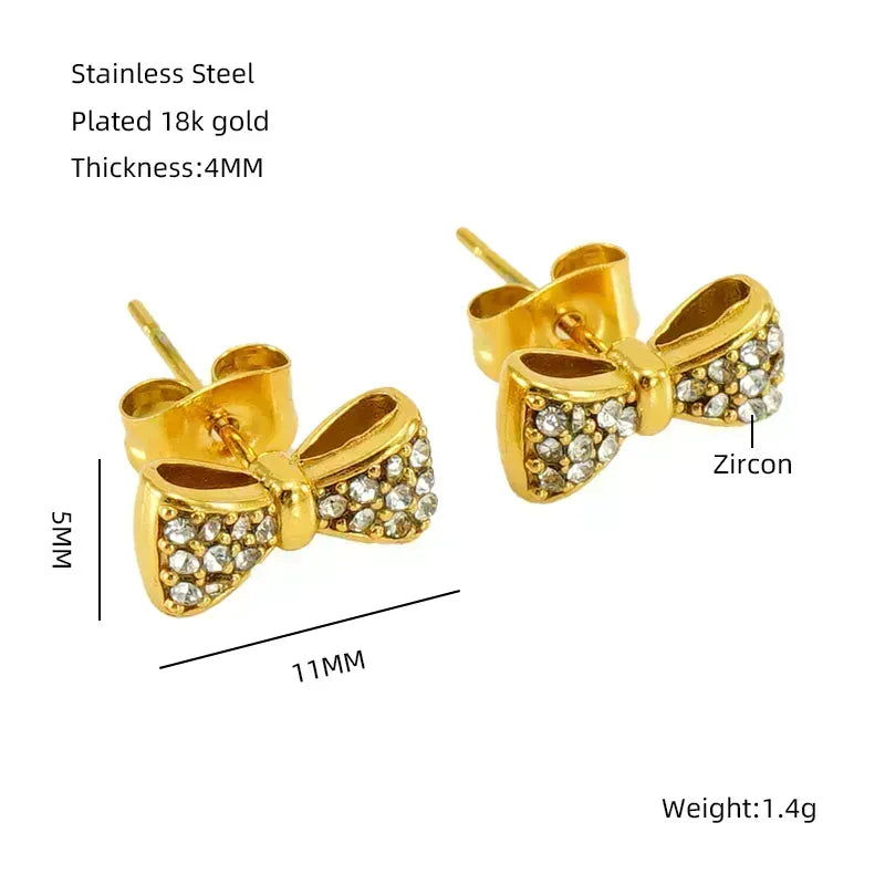 Elegant Classical Vintage Style Flower Bow Knot Plating Inlay Stainless Steel Zircon 18k Gold Plated Ear Studs