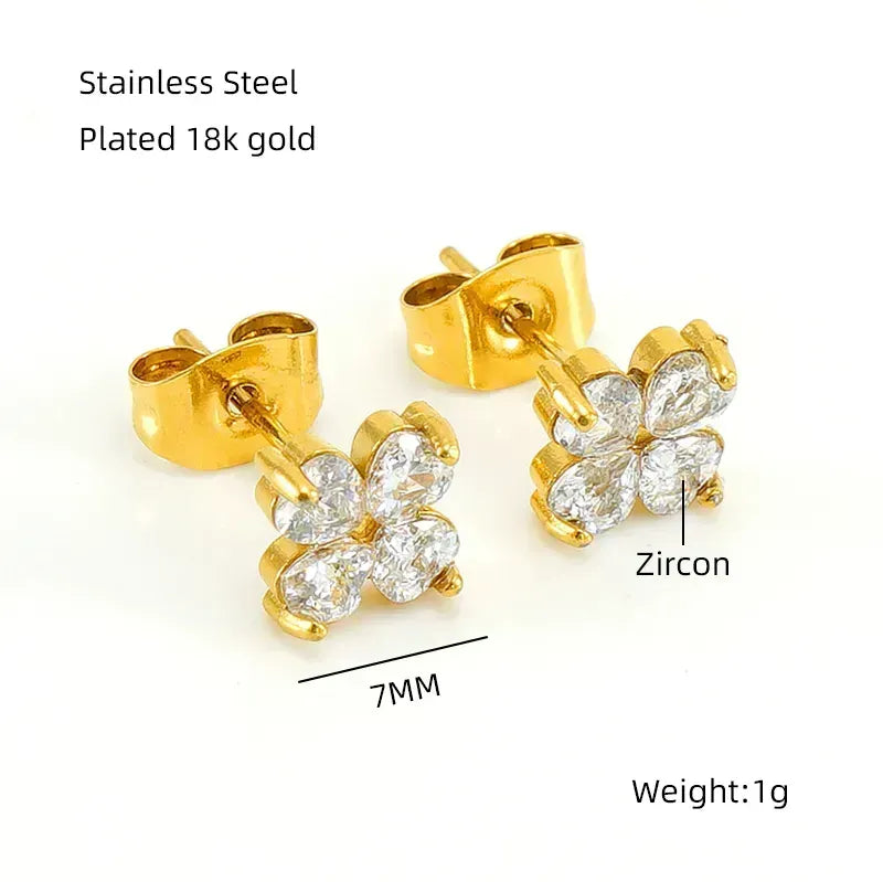 Elegant Classical Vintage Style Flower Bow Knot Plating Inlay Stainless Steel Zircon 18k Gold Plated Ear Studs