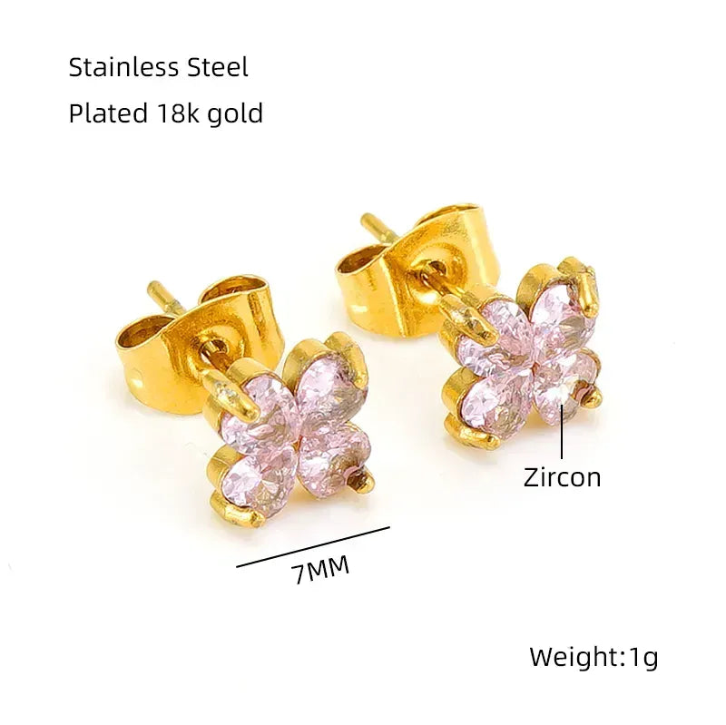 Elegant Classical Vintage Style Flower Bow Knot Plating Inlay Stainless Steel Zircon 18k Gold Plated Ear Studs