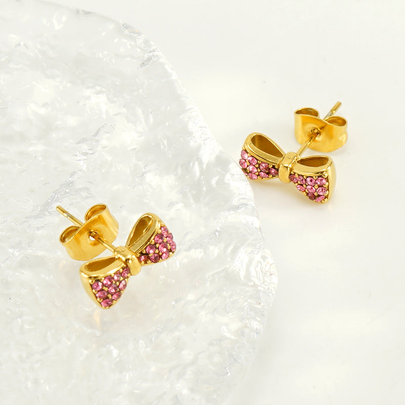 Elegant Classical Vintage Style Flower Bow Knot Plating Inlay Stainless Steel Zircon 18k Gold Plated Ear Studs