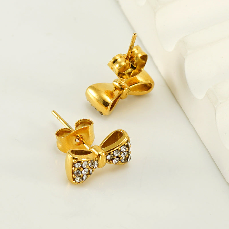 Elegant Classical Vintage Style Flower Bow Knot Plating Inlay Stainless Steel Zircon 18k Gold Plated Ear Studs