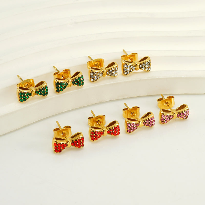 Elegant Classical Vintage Style Flower Bow Knot Plating Inlay Stainless Steel Zircon 18k Gold Plated Ear Studs