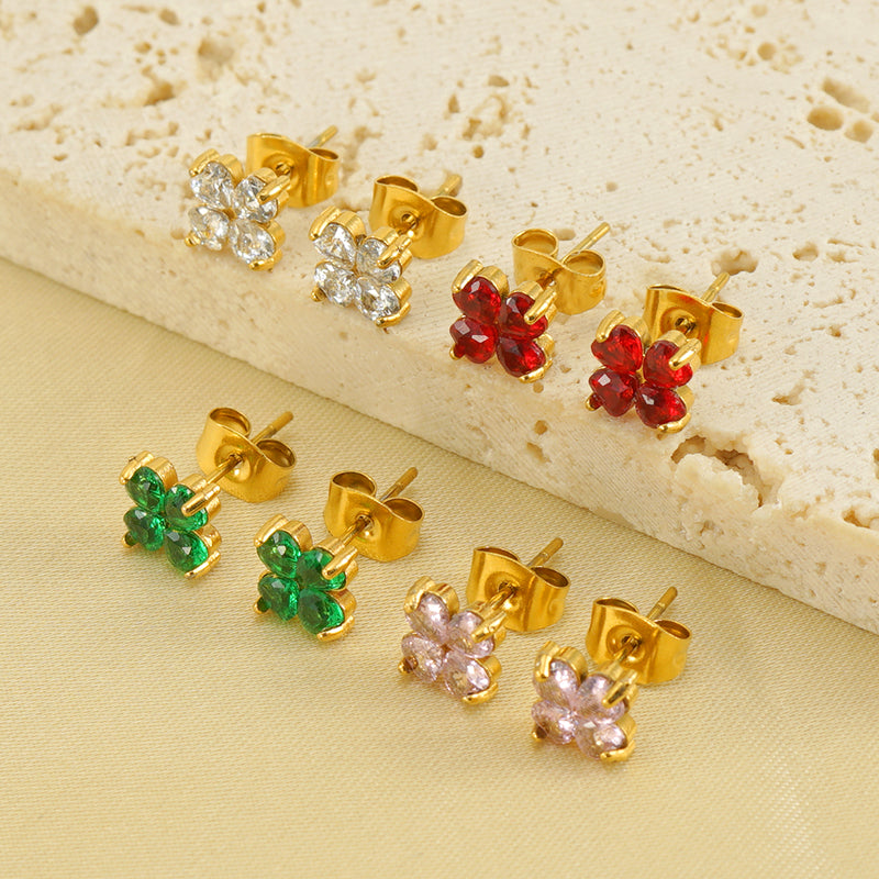 Elegant Classical Vintage Style Flower Bow Knot Plating Inlay Stainless Steel Zircon 18k Gold Plated Ear Studs