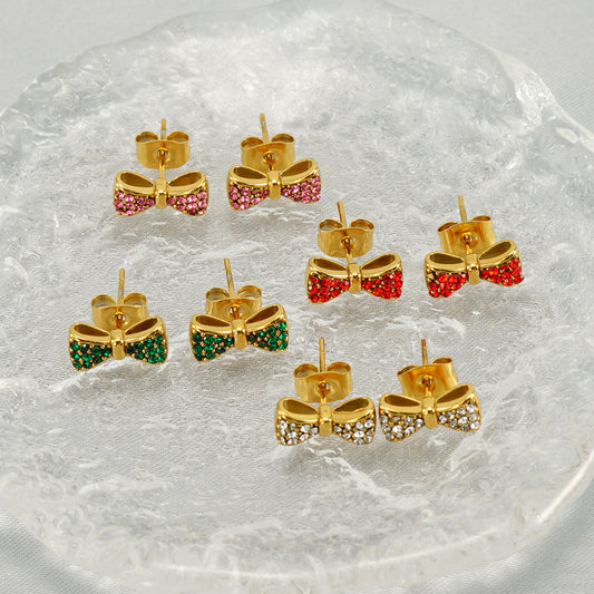 Elegant Classical Vintage Style Flower Bow Knot Plating Inlay Stainless Steel Zircon 18k Gold Plated Ear Studs